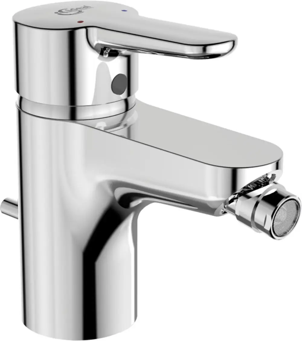 Chromfarbene Bidetarmatur von Ideal Standard mit einem Hebel für die Wassermengensteuerung und seitlichem Abfluss.